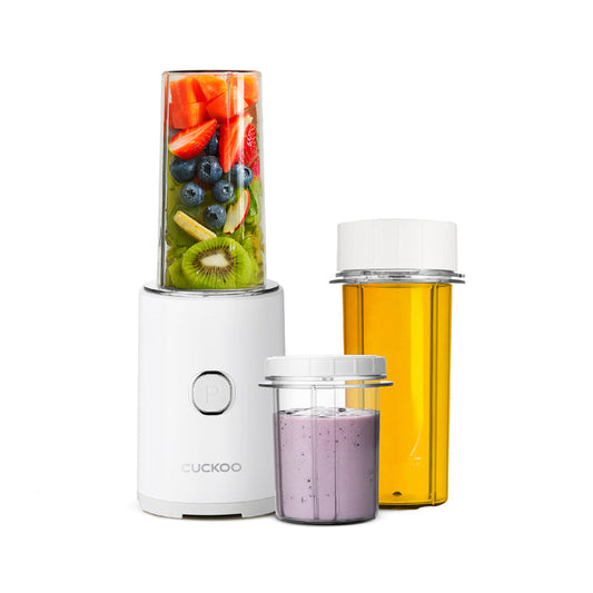 CUCKOO white personal blender with a fruit-filled blending cup, a small smoothie container, and an extra large container. (CFM-D60W)