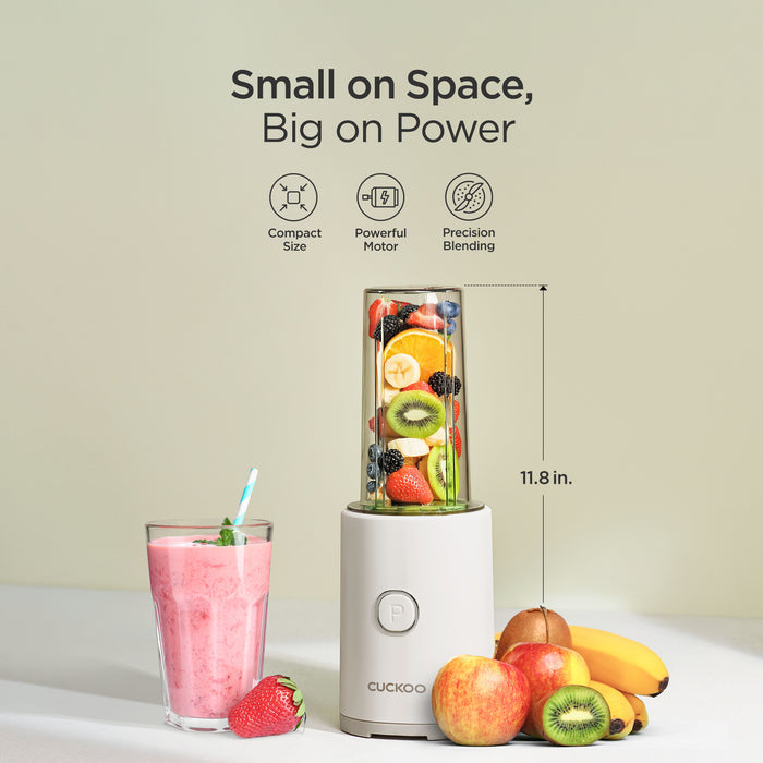 CUCKOO personal blender, 11.8 inches tall, highlighting compact size, powerful motor, and precision blending. (CFM-D60W)