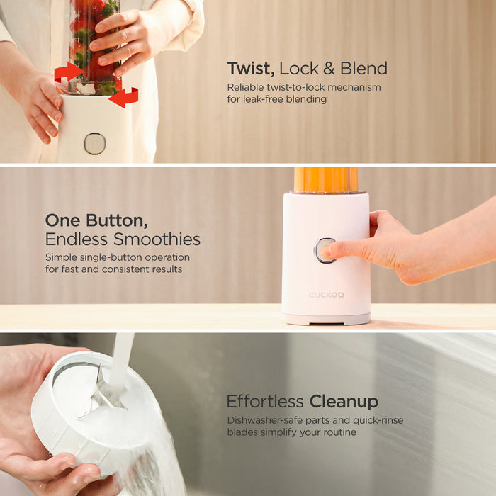 CUCKOO blender features twist-to-lock mechanism for leak-free use, simple single-button operation, and dishwasher-safe parts. (CFM-D60W)