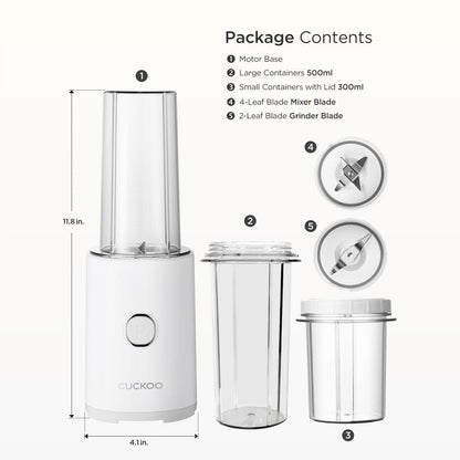 Package includes: motor base, 500ml container, 300ml container with lid, 4-leaf mixer blade, and 2-leaf grinder blade. (CFM-D60W)