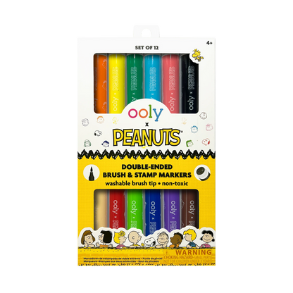 Front of packaging of the OOLY x Peanuts Double-Ended Brush & Stamp Markers