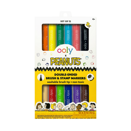 Front of packaging of the OOLY x Peanuts Double-Ended Brush & Stamp Markers