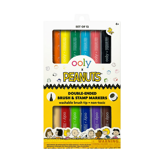 Front of packaging of the OOLY x Peanuts Double-Ended Brush & Stamp Markers