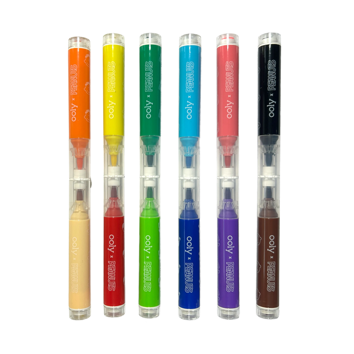 Row of OOLY x Peanuts Double-Ended Brush & Stamp Markers with caps