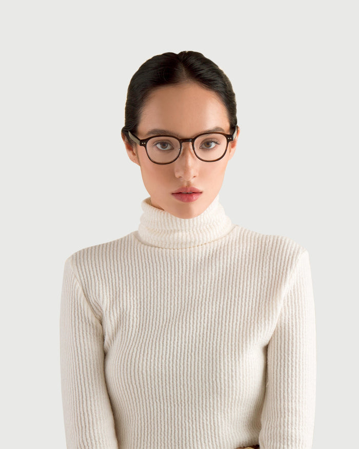 lifestyle-Polished-Tort::women Orman Eyeglasses round tort acetate