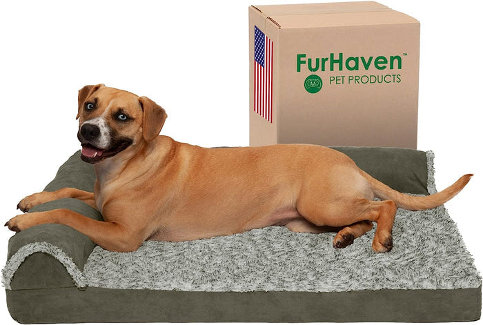 (Two-Tone Faux Fur & Suede) Dark Sage / Large / Cooling Gel Foam