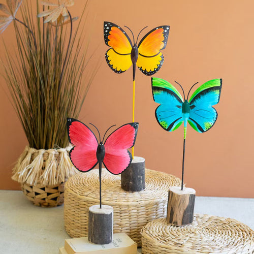 Painted Iron Butterfly on Wood Base (3 colors)