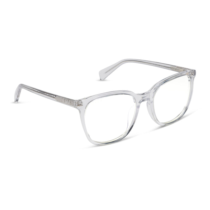 diff eyewear featuring the parker square blue light technology glasses with a clear frame angled view