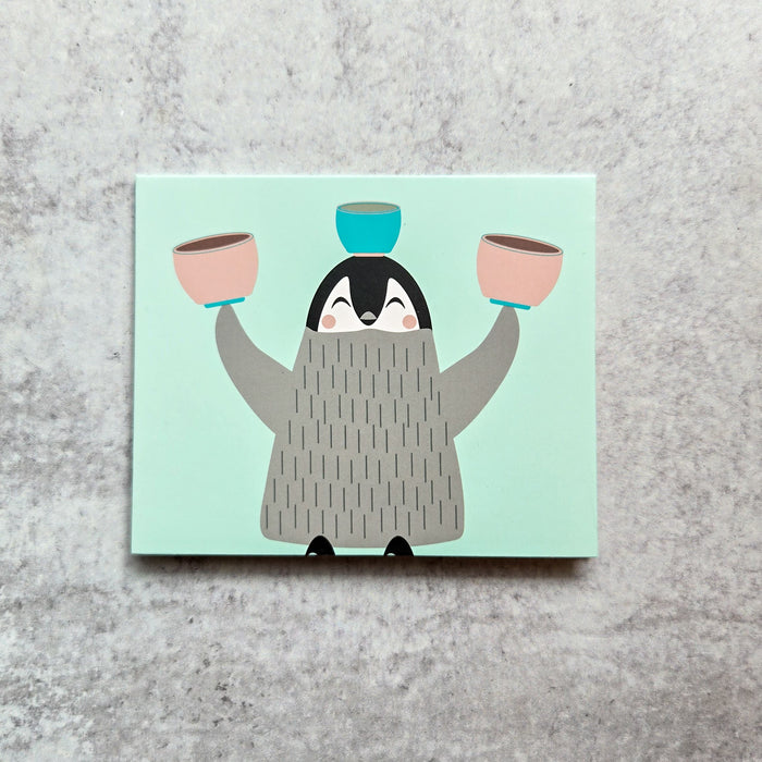 Penguin Balancing Teacups Greeting Card + Tea Bag