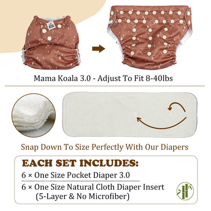 POCKET DIAPER 3.0 WITH INSERTS - 6 PACK(A-Animals' Love)