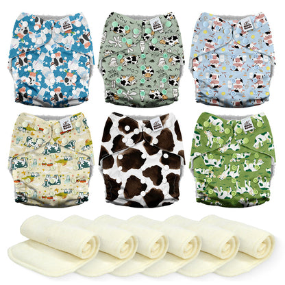 POCKET DIAPER 3.0 WITH INSERTS - 6 PACK(Happy Moo Time)