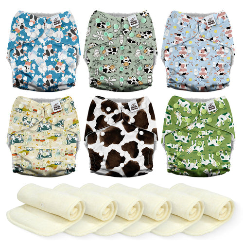 POCKET DIAPER 3.0 WITH INSERTS - 6 PACK(Happy Moo Time)