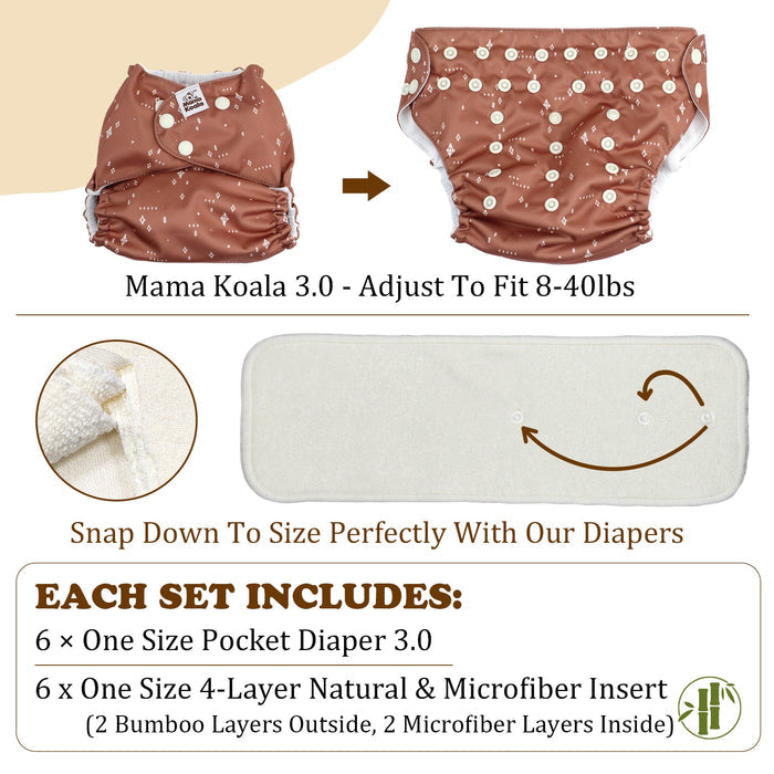 POCKET DIAPER 3.0 WITH INSERTS - 6 PACK(Happy Moo Time)