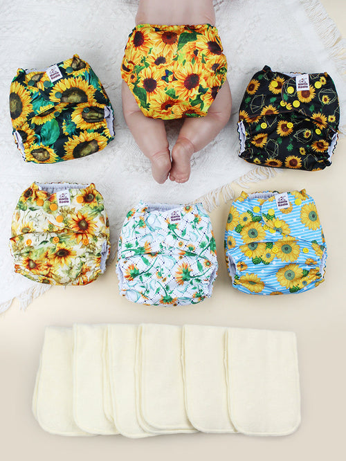 POCKET DIAPER 3.0 WITH INSERTS - 6 PACK(Sunflowers)