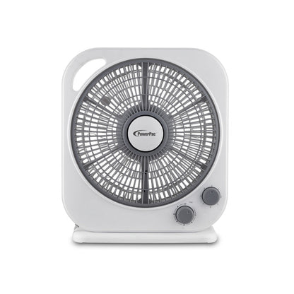 PowerPac 10" Electric Box Fan – 5 blades, Adjustable Louver, Oscillation, Timer, Safe & Energy-efficient, 3-Speed, white & grey, PPBF20