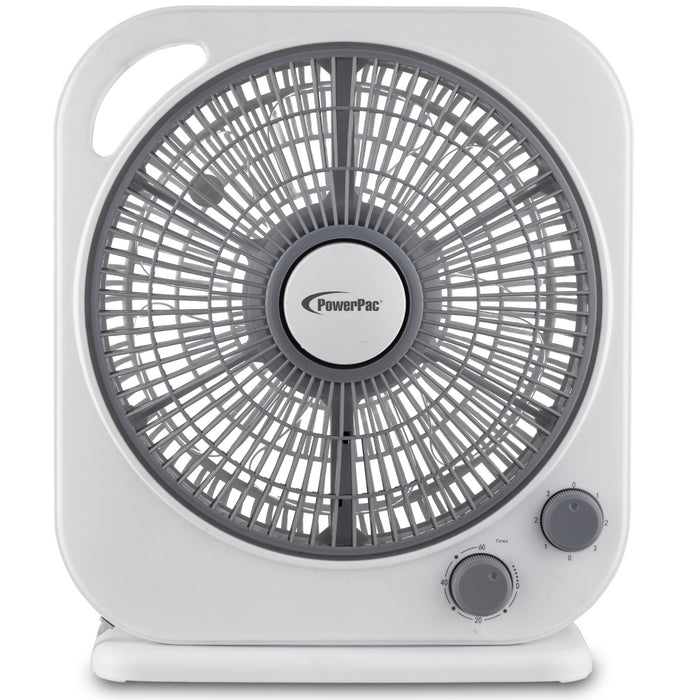 PowerPac 10" Electric Box Fan – 5 blades, Adjustable Louver, Oscillation, Timer, Safe & Energy-efficient, 3-Speed, white & grey, PPBF20