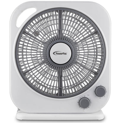 PowerPac 10" Electric Box Fan – 5 blades, Adjustable Louver, Oscillation, Timer, Safe & Energy-efficient, 3-Speed, white & grey, PPBF20