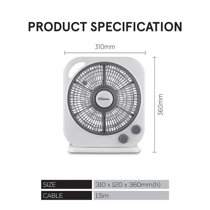 PowerPac 10" Electric Box Fan – 5 blades, Adjustable Louver, Oscillation, Timer, Safe & Energy-efficient, 3-Speed, white & grey, PPBF20