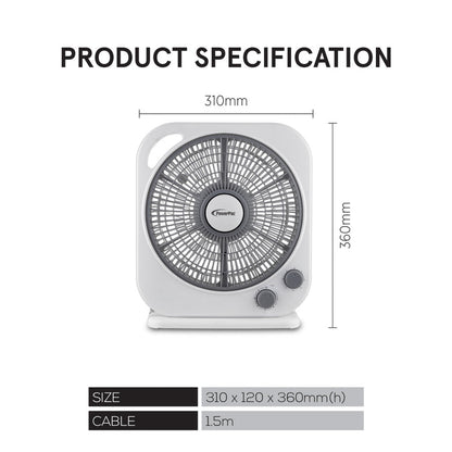 PowerPac 10" Electric Box Fan – 5 blades, Adjustable Louver, Oscillation, Timer, Safe & Energy-efficient, 3-Speed, white & grey, PPBF20