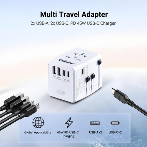 PowerPac 45W Universal Travel Adapter + USB Smart & Fast Charger – Multi Sockets & Plugs, Neon LED, PP7966