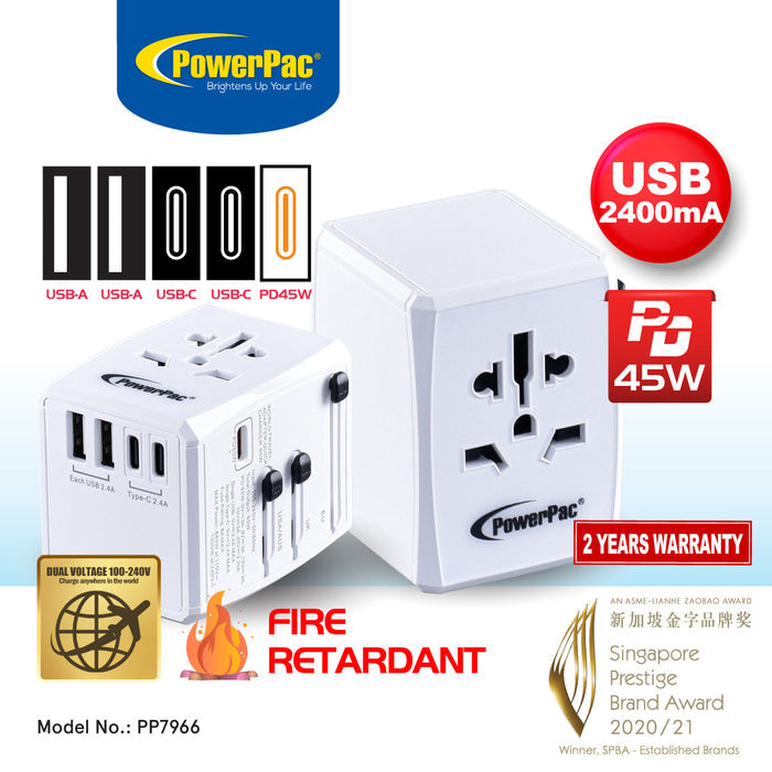 PowerPac 45W Universal Travel Adapter + USB Smart & Fast Charger – Multi Sockets & Plugs, Neon LED, PP7966
