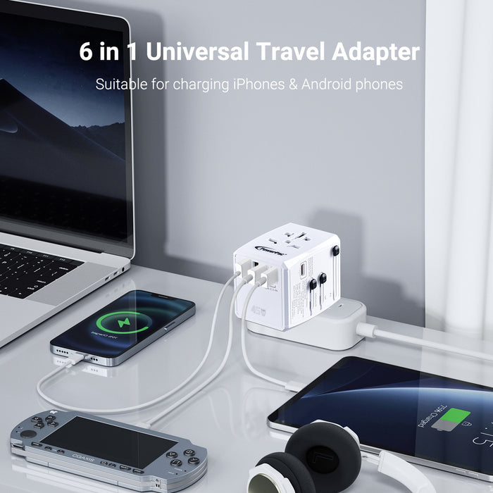 PowerPac 45W Universal Travel Adapter + USB Smart & Fast Charger – Multi Sockets & Plugs, Neon LED, PP7966