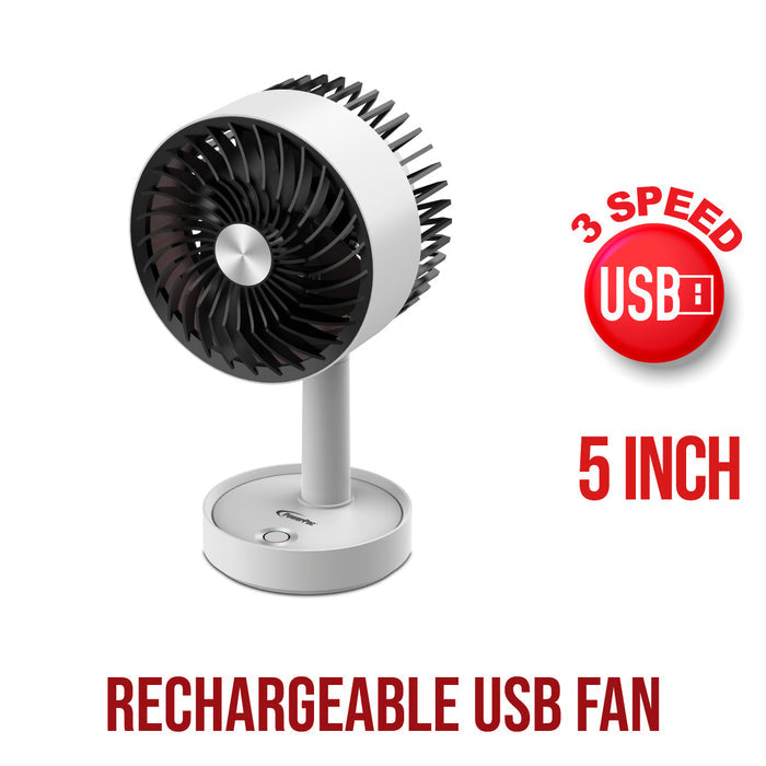 PowerPac 5" Table Fan – USB, Rechargeable, Portable Wireless, Adjustable Tilt, LED lights, Sturdy, 3-Speed, white, PPUF230