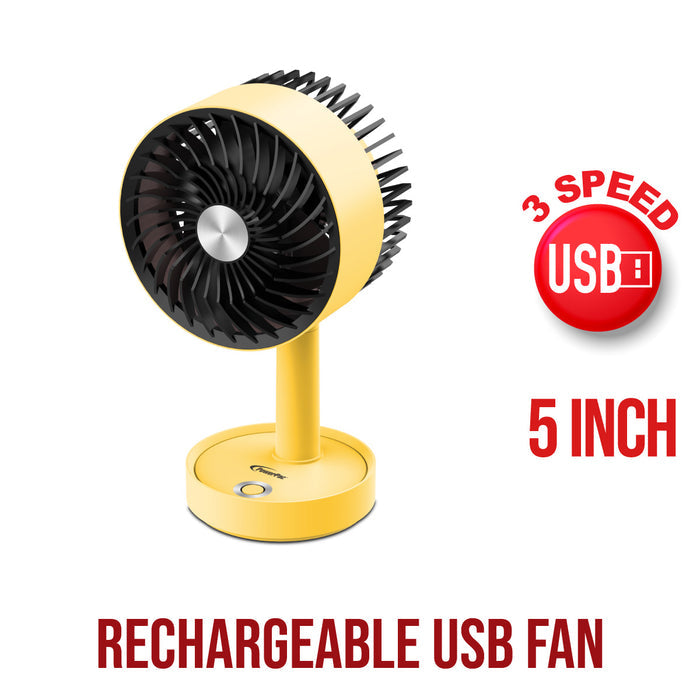 PowerPac 5" Table Fan – USB, Rechargeable, Portable Wireless, Adjustable Tilt, LED lights, Sturdy, 3-Speed, yellow, PPUF230