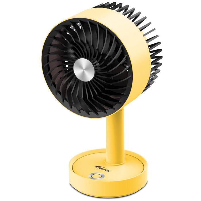 PowerPac 5" Table Fan – USB, Rechargeable, Portable Wireless, Adjustable Tilt, LED lights, Sturdy, 3-Speed, yellow, PPUF230