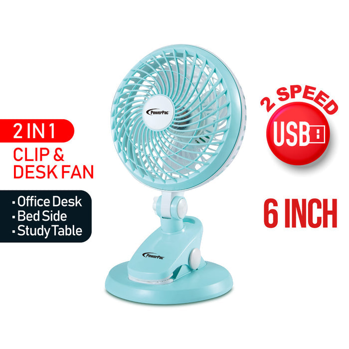 PowerPac 6" Clip/Table Fan – USB, Detachable Base, Strong Airflow, Adjustable Tilt, Portable, Durable, 2-Speed, blue, PPUF221