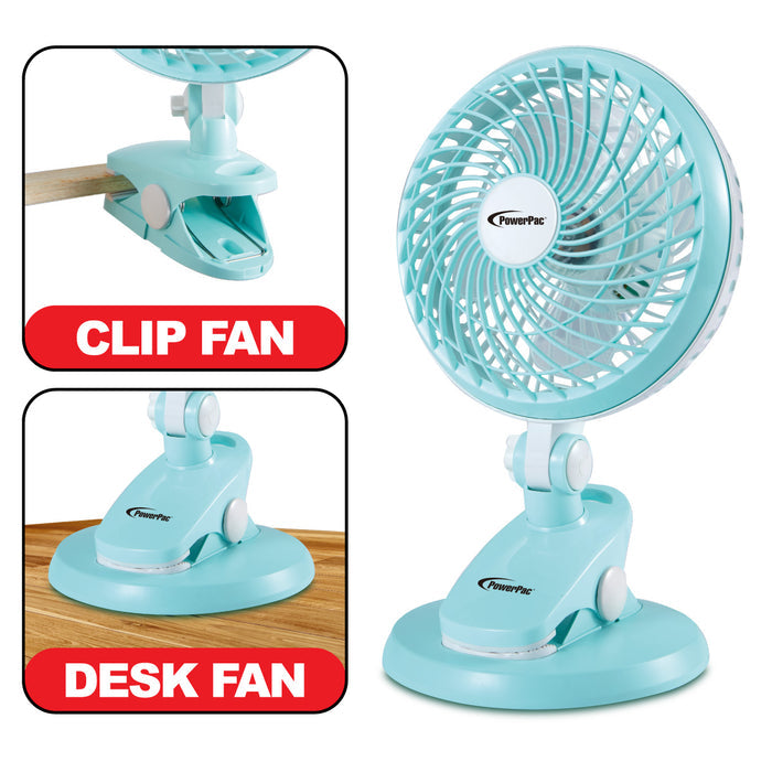 PowerPac 6" Clip/Table Fan – USB, Detachable Base, Strong Airflow, Adjustable Tilt, Portable, Durable, 2-Speed, blue, PPUF221