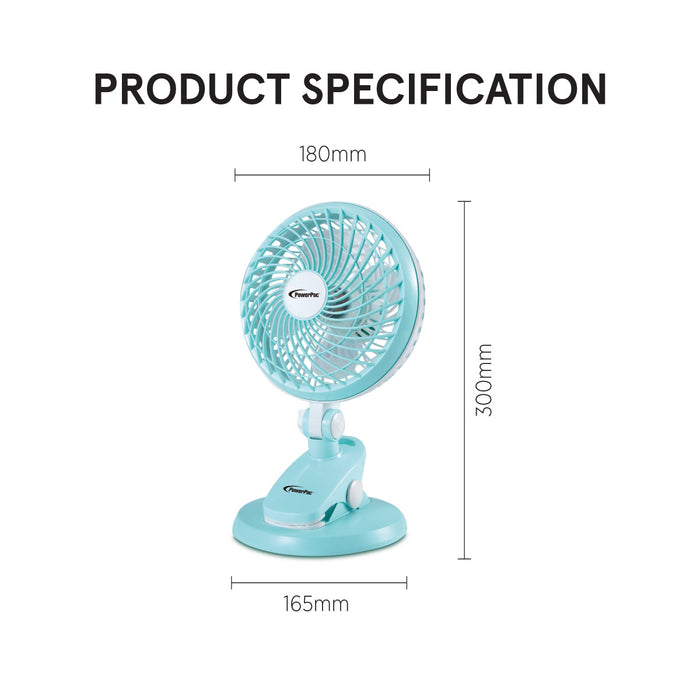 PowerPac 6" Clip/Table Fan – USB, Detachable Base, Strong Airflow, Adjustable Tilt, Portable, Durable, 2-Speed, blue, PPUF221