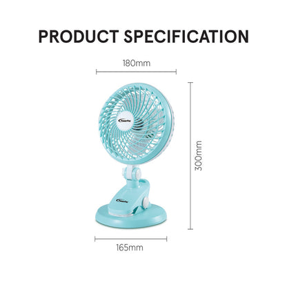 PowerPac 6" Clip/Table Fan – USB, Detachable Base, Strong Airflow, Adjustable Tilt, Portable, Durable, 2-Speed, blue, PPUF221