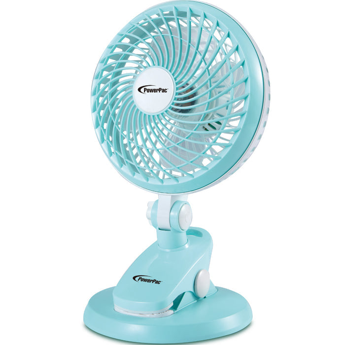 PowerPac 6" Clip/Table Fan – USB, Detachable Base, Strong Airflow, Adjustable Tilt, Portable, Durable, 2-Speed, blue, PPUF221