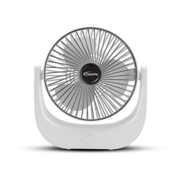PowerPac 6" Table Fan – USB, Rechargeable, Portable Wireless, Strong Airflow, 120° Adjustable Tilt, 3-Speed, white, PPUF225