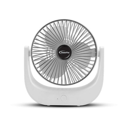 PowerPac 6" Table Fan – USB, Rechargeable, Portable Wireless, Strong Airflow, 120° Adjustable Tilt, 3-Speed, white, PPUF225