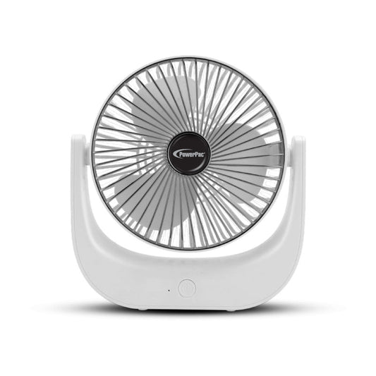 PowerPac 6" Table Fan – USB, Rechargeable, Portable Wireless, Strong Airflow, 120° Adjustable Tilt, 3-Speed, white, PPUF225
