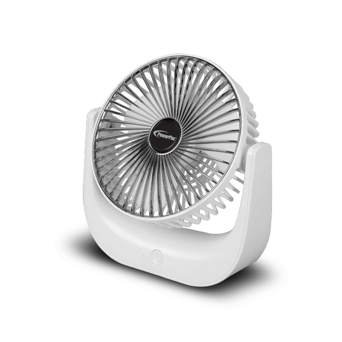 PowerPac 6" Table Fan – USB, Rechargeable, Portable Wireless, Strong Airflow, 120° Adjustable Tilt, 3-Speed, white, PPUF225