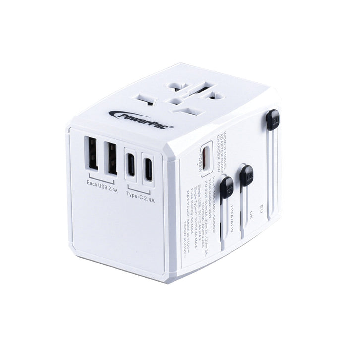 PowerPac 65W Universal Travel Adapter + USB Smart & Fast Charger – Multi Sockets & Plugs, Neon LED, PP7977