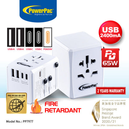 PowerPac 65W Universal Travel Adapter + USB Smart & Fast Charger – Multi Sockets & Plugs, Neon LED, PP7977