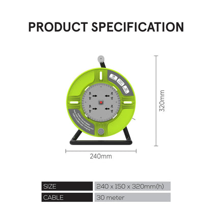 PowerPac Cable Reel 30M Portable Cable Reel, Extension Socket, Power Reel, Power Cord (PP830)