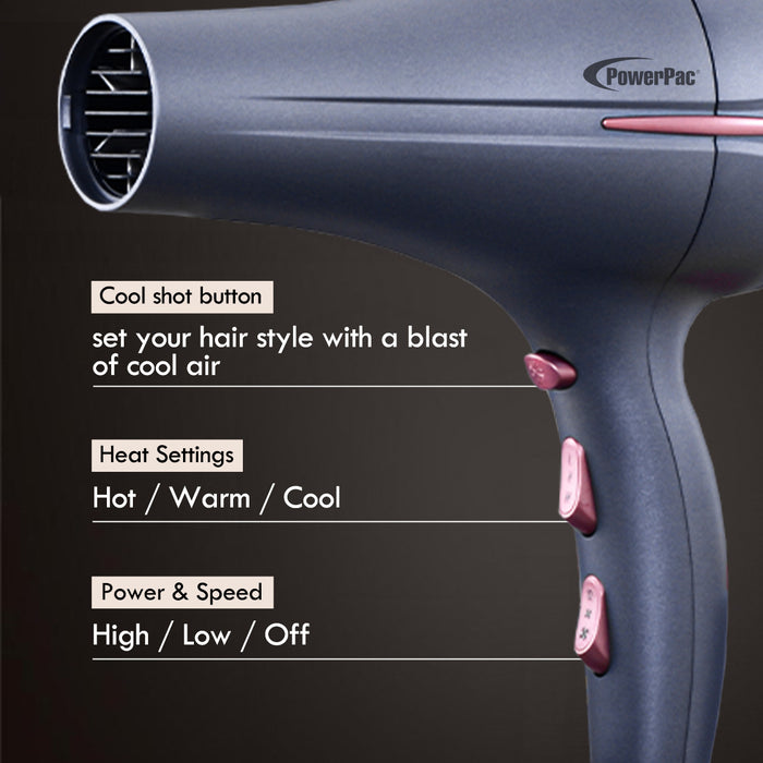 PowerPac DC High Speed Hair Dryer with cool air, Professional Hair Dryer, 2200W (PPH9075A)