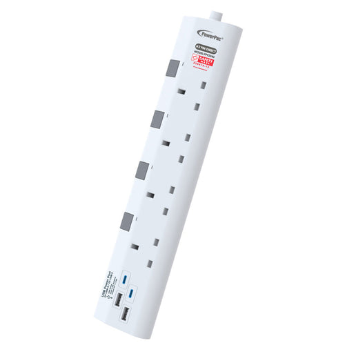 PowerPac Extension Cord, Extension Socket 3 Metre 4 way with 2xUSB-A & 2xUSB-C Charger (PP9224U)