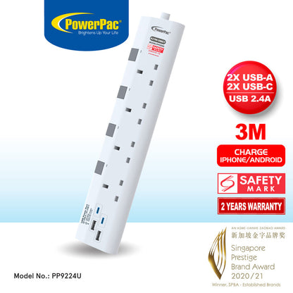 PowerPac Extension Cord, Extension Socket 3 Metre 4 way with 2xUSB-A & 2xUSB-C Charger (PP9224U)