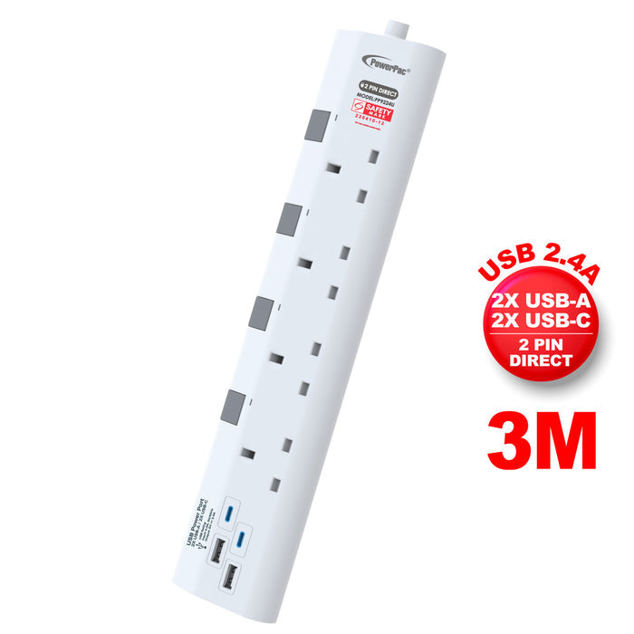 PowerPac Extension Cord, Extension Socket 3 Metre 4 way with 2xUSB-A & 2xUSB-C Charger (PP9224U)