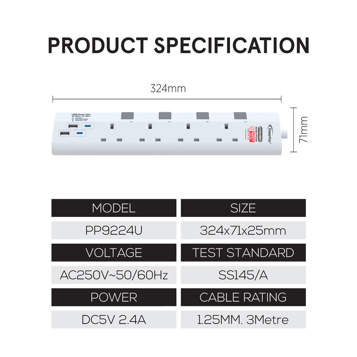 PowerPac Extension Cord, Extension Socket 3 Metre 4 way with 2xUSB-A & 2xUSB-C Charger (PP9224U)