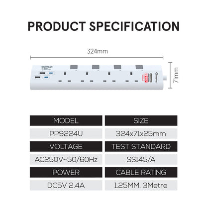PowerPac Extension Cord, Extension Socket 3 Metre 4 way with 2xUSB-A & 2xUSB-C Charger (PP9224U)