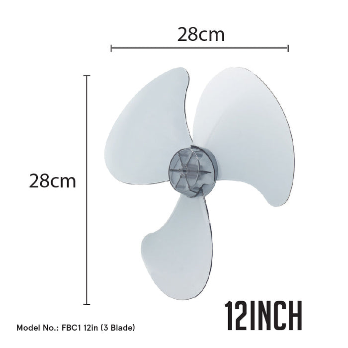 PowerPac Fan Blade Replacement – 12” Fan Blade, 3 Blades, for Desk / Stand / Wall Fan, ABS material, colourless & transparent, FB12