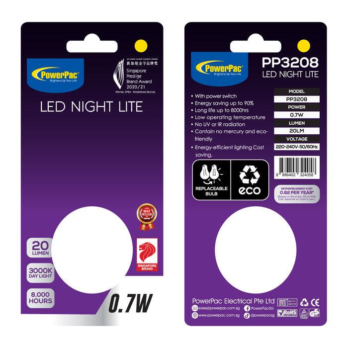 PowerPac LED Night Light Toilet Bathroom Corridor Lamp with  Warm White  effect (PP3208)
