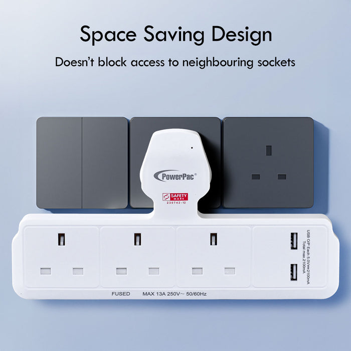PowerPac Multi Plug Extension Adapter with 3 Way, 2x USB-A, Power Extension Socket Adaptor (PP288U)